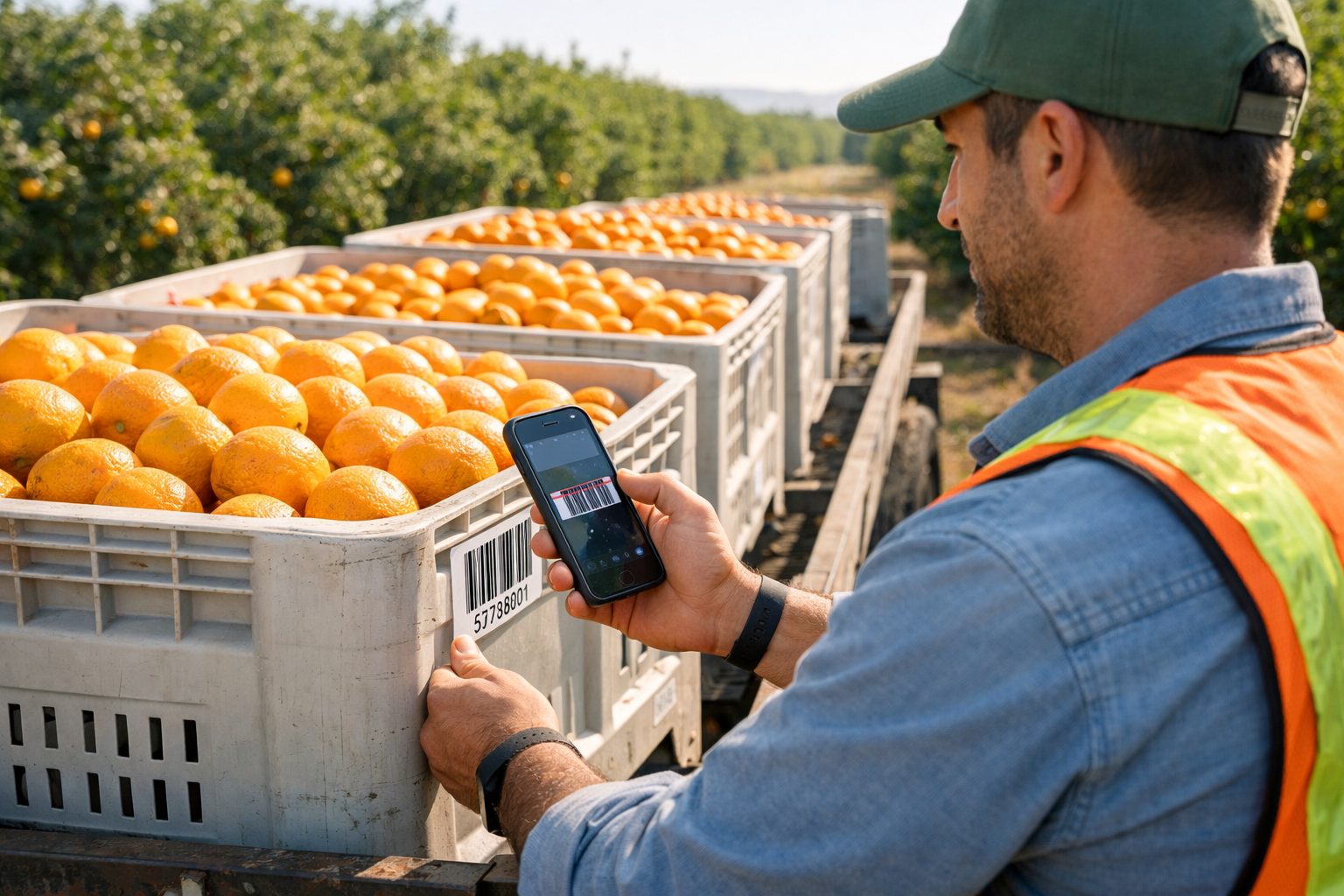 Farm worker scanning harvest bins from a picking trailer using the CropLynx app
